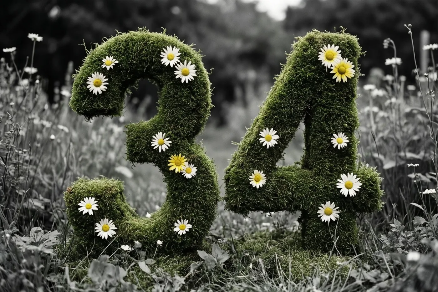 Een bemoste haag vormt 34 met witte madeliefjes in een landelijke tuin, waarbij het groene mos en de gele bloemhartjes in kleur afsteken tegen een zwart-witte achtergrond.