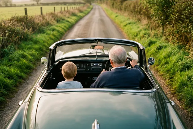 Een oudere man rijdt met een klein kind naast zich in een groene oldtimer zonder dak over een landelijke zandweg tussen groene velden en hagen, van achteren gezien.