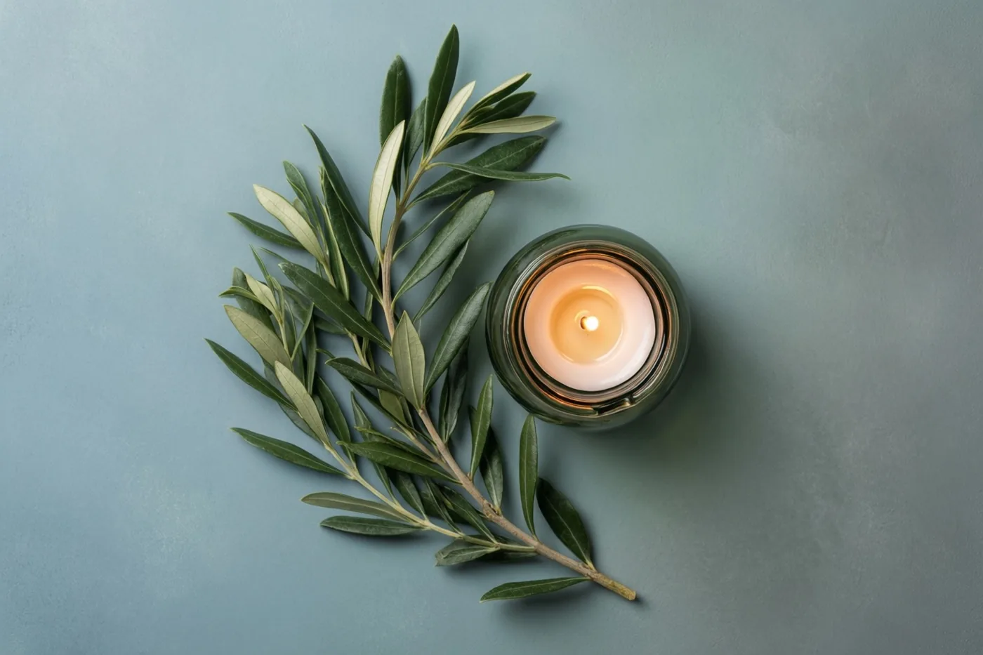 Een brandende olielamp in een groene glazen pot staat naast een verse olijftak op een gedempt blauwgrijs oppervlak.