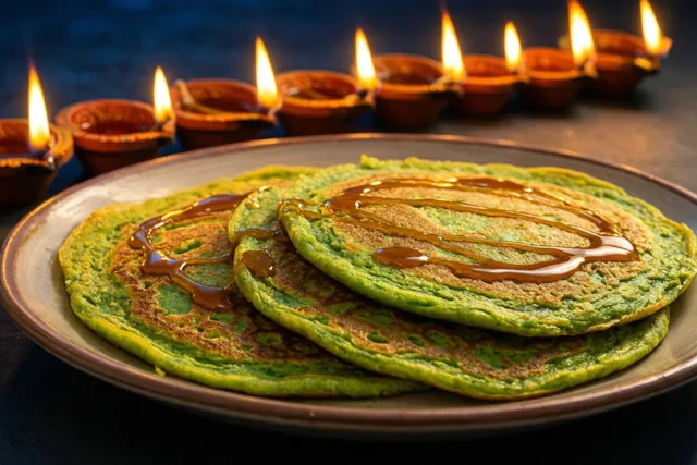 Een bord groene malpuapannenkoekjes met siroop staat voor een rij brandende olielampjes tegen een donkere achtergrond.