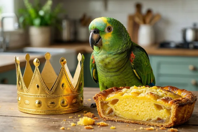 Een groene papegaai zit naast een gouden papieren kroon en een aangesneden frangipanetaart op een houten keukentafel, in een zacht verlichte keuken met grijsgroene kasten.