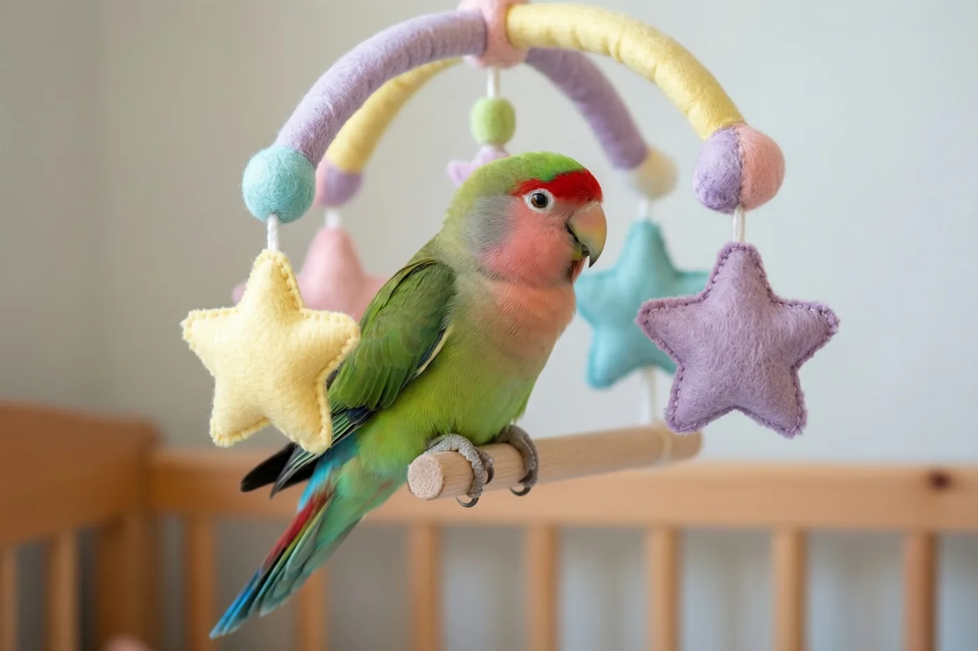 Een groene papegaai met een rood voorhoofd en roze wangen zit op een houten stang van een babymobiel met vilten sterren en gekleurde bogen boven een houten babybed.
