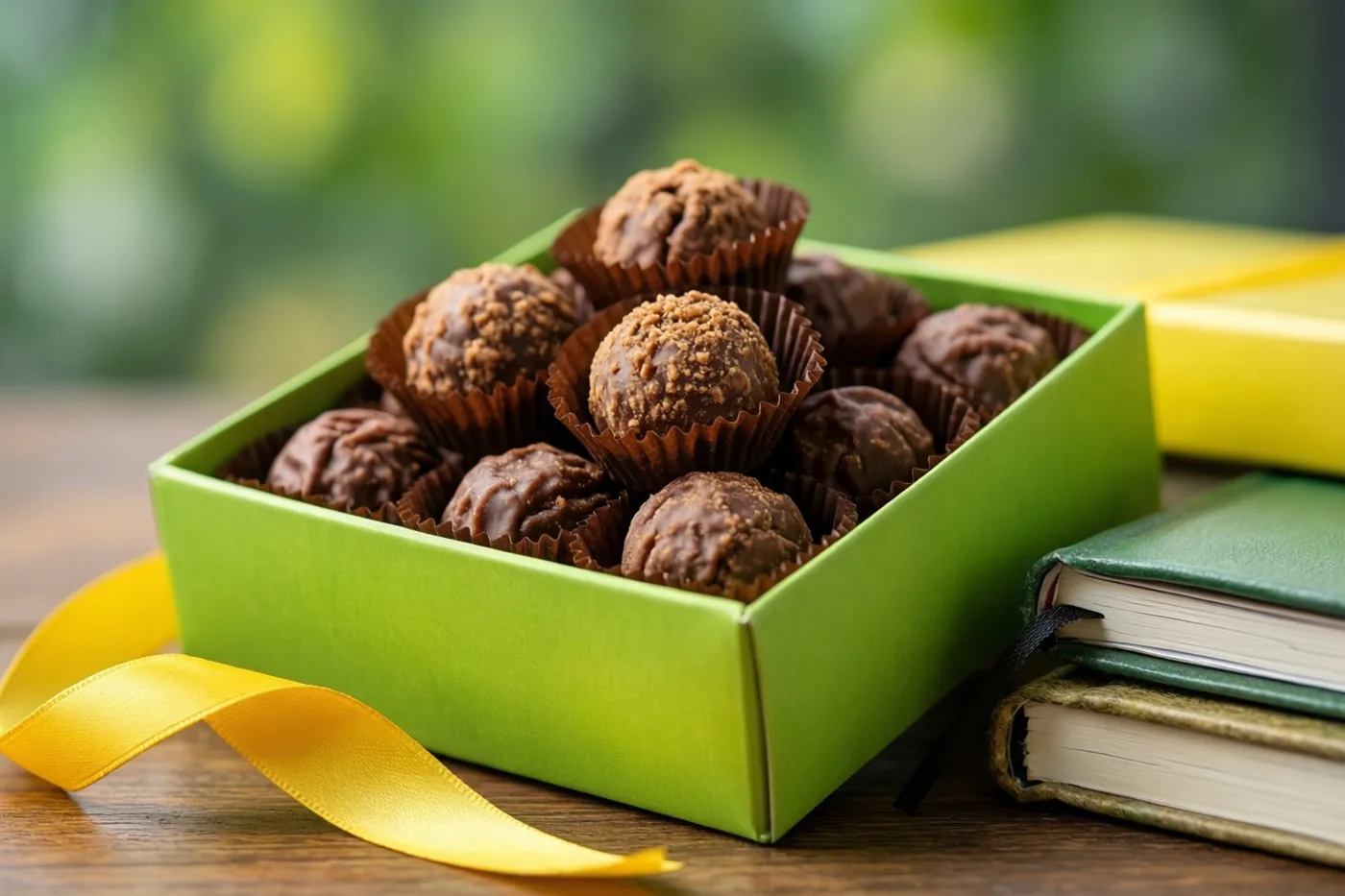 Een groene doos chocoladepralines staat op een houten oppervlak naast een geel lint en een stapel schriften, met onscherp groen op de achtergrond.