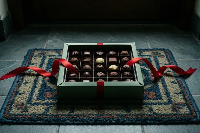 Een open groene doos Belgische pralines met een rood lint staat op een deurmat met een patroon op een tegelvloer in gedempt licht.