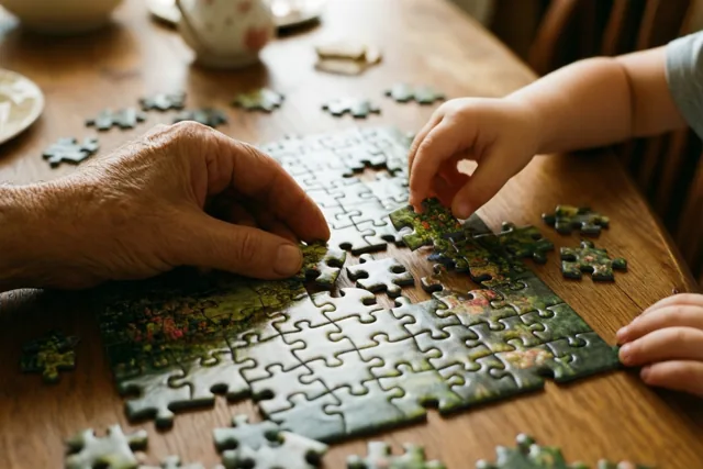 Een oudere persoon en een kind maken samen een legpuzzel met groene tinten op een houten eettafel.