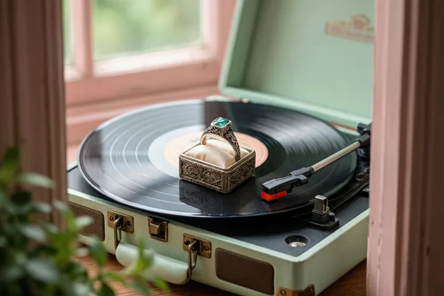 Een sierlijk ringdoosje met een ring met een groene edelsteen staat op een draaiende vinylplaat op een mintgroene retroplatenspeler bij een raam.