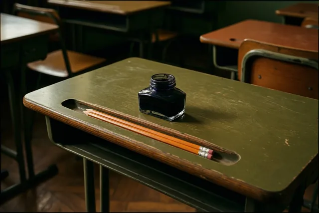 Een glazen inktpotje en twee geslepen potloden liggen op een oude groene schoolbank in een schemerig, leeg klaslokaal met een houten vloer en andere banken.