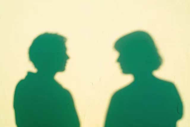 Twee groene silhouetten van mensen die naar elkaar toe staan, zijn zichtbaar op een lichtgele muur in fel zonlicht.