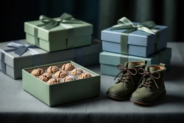Kleine groene babyslofjes staan naast een open pastelgroene doos pralines, omringd door gestapelde geschenkdozen op een grijs tafelkleed.