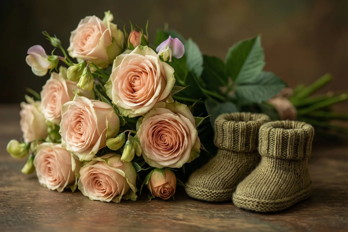 Een boeket lichtroze rozen en siererwten ligt naast kleine olijfgroene gebreide babyslofjes op een houten oppervlak in zacht, warm licht.