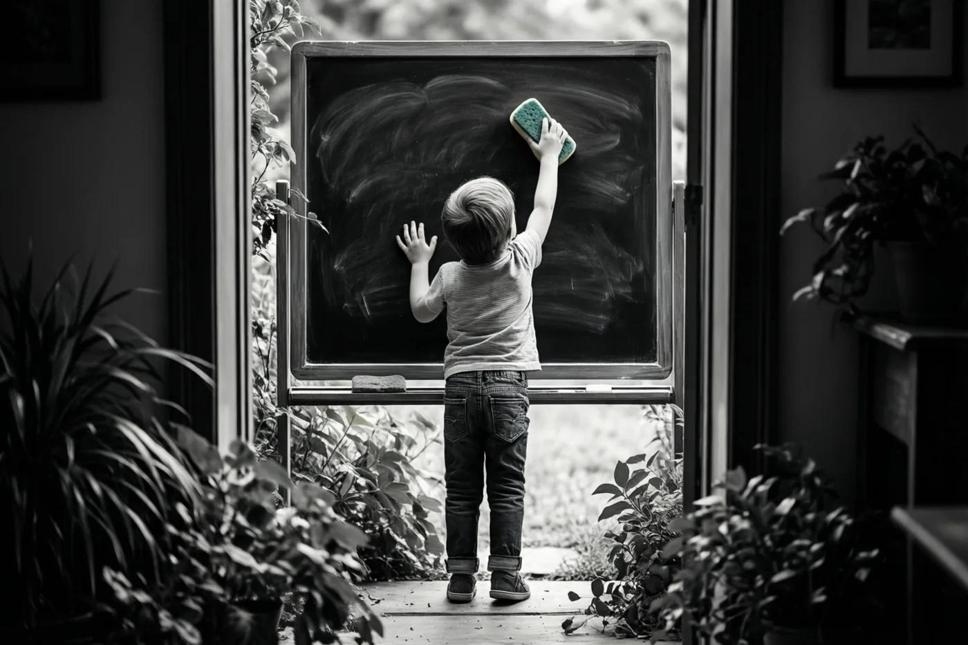 Een kind poetst op de tenen een schoolbord bij een raam met planten, op een zwart-witbeeld waarin alleen de spons groen is.