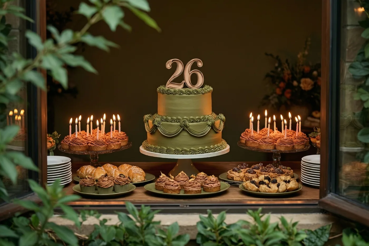 Door een raam met groen rondom is een groene stapeltaart te zien met een papieren versiering met 26 op een buffettafel met brandende kaarsen en verschillende gebakjes.