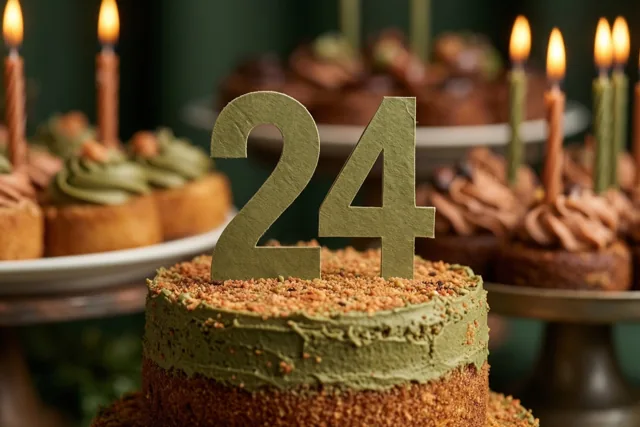 Een taart met groen glazuur en een papieren versiering met 24 staat op de voorgrond, omringd door andere taarten met brandende kaarsjes tegen een donkergroene achtergrond.