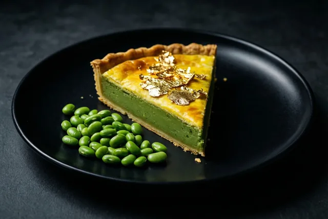 Een stuk groene galette met bladgoud ligt op een zwart bord naast een hoopje groene edamamebonen tegen een donkere achtergrond met textuur en dramatische belichting.