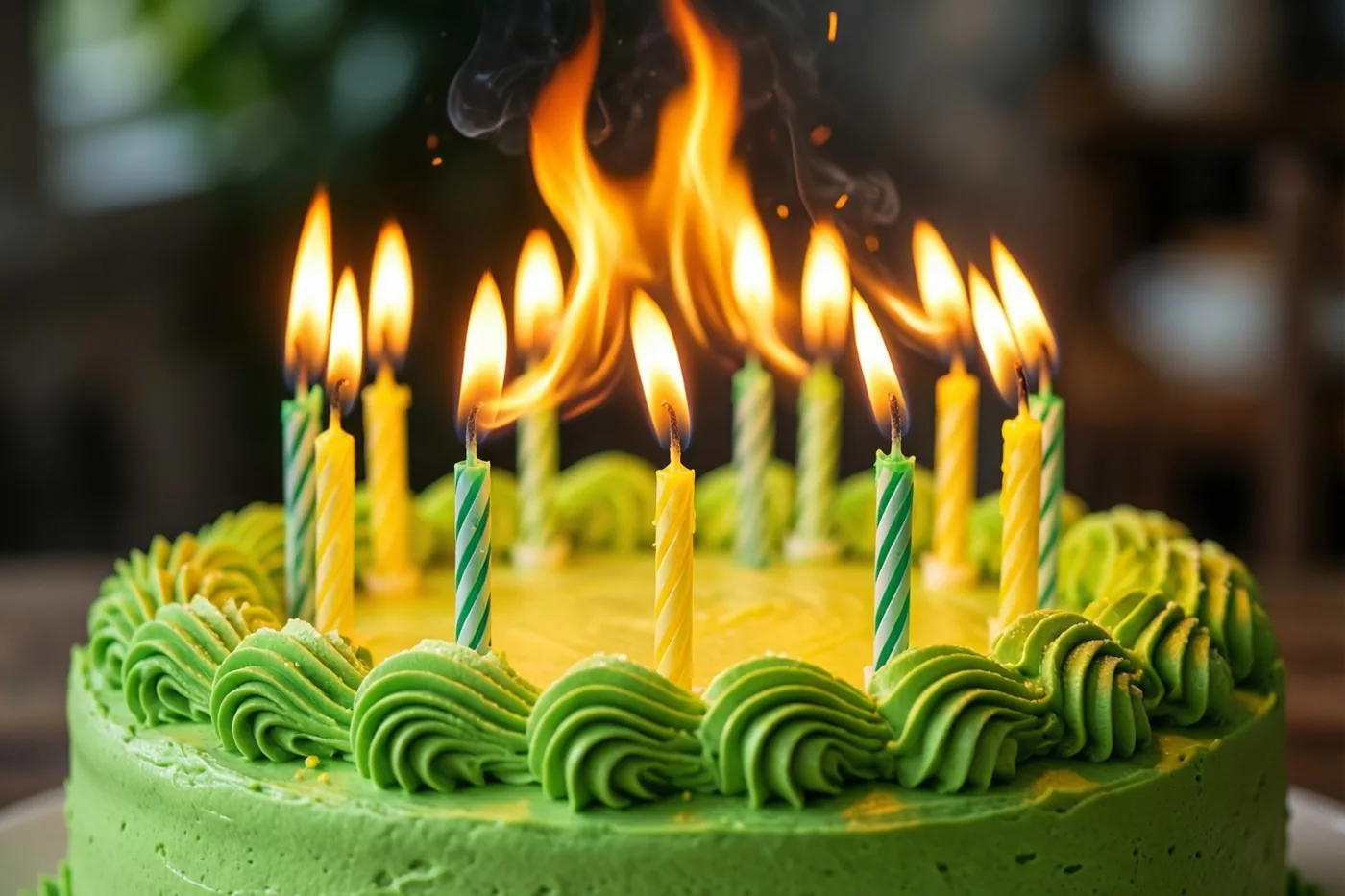 Een taart met groen glazuur en talrijke brandende kaarsen is van dichtbij te zien, met grote vlammen tegen een donkere, onscherpe achtergrond.