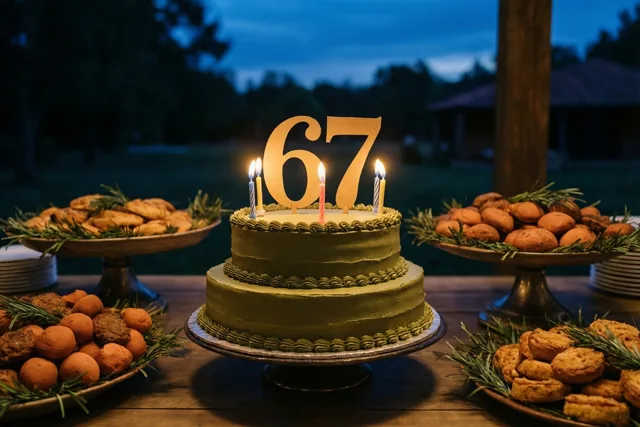 Een groene taart met twee lagen, een grote papieren versiering met 67 en brandende kaarsjes staat op een houten tafel tussen borden met gebak, met bomen en een donkerblauwe avondlucht erachter.