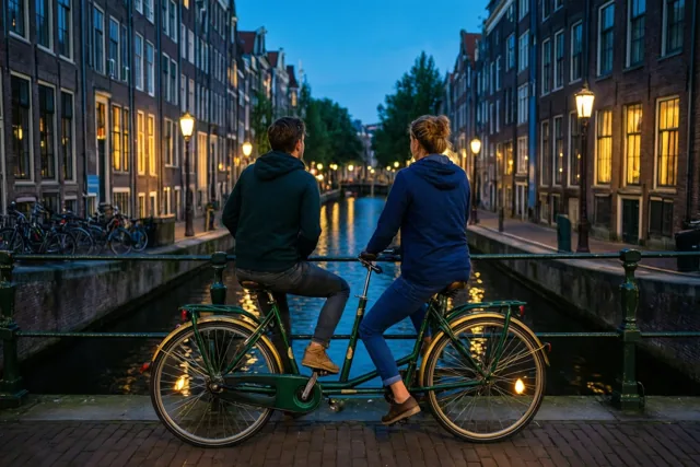 Twee vrienden rijden van de kijker weg op een groene tandem langs een kanaal tussen historische bakstenen gebouwen, bij schemering met warm licht uit ramen en straatlampen.
