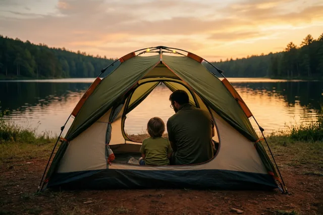 Een vader en een kind zitten met hun rug naar de kijker in een groene en beige tent aan een meer, waar de avondzon op het water weerspiegelt en bomen langs de overkant staan.