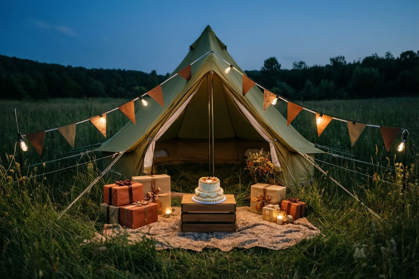 Een groene kloktent met lichtslingers en vlaggetjes staat bij schemering in een grasweide, met een taart en ingepakte cadeaus op een deken ervoor, verlicht door kaarsen.