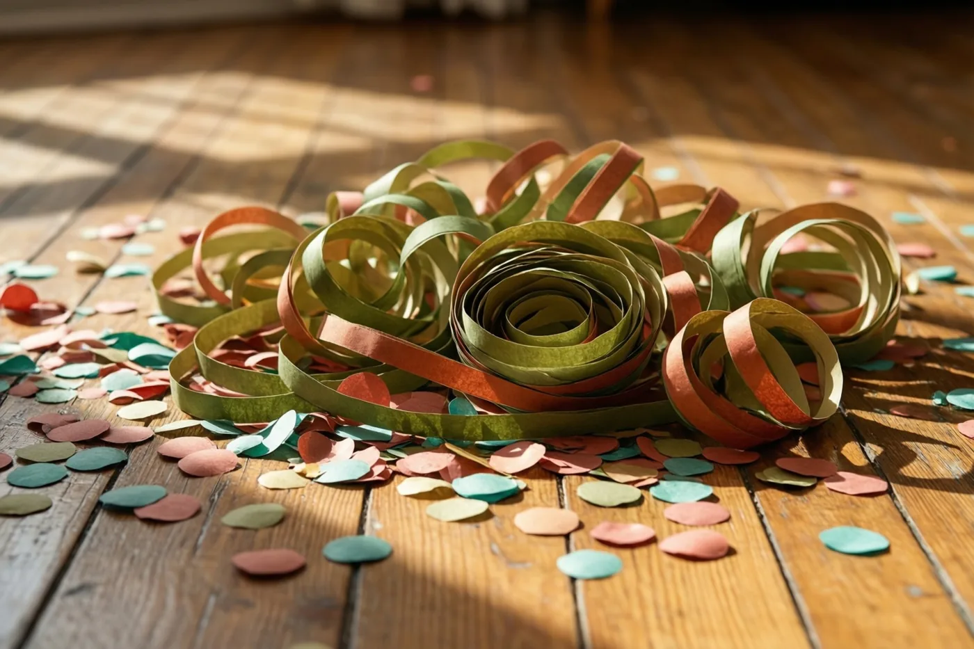 Groene en terracottakleurige slingers liggen met veelkleurige papieren confetti op een houten vloer in warm zonlicht.