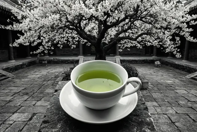 Een witte kop groene thee staat op een schoteltje op een stenen terras met een bloeiende boom erachter, waarbij alleen de thee kleur heeft.