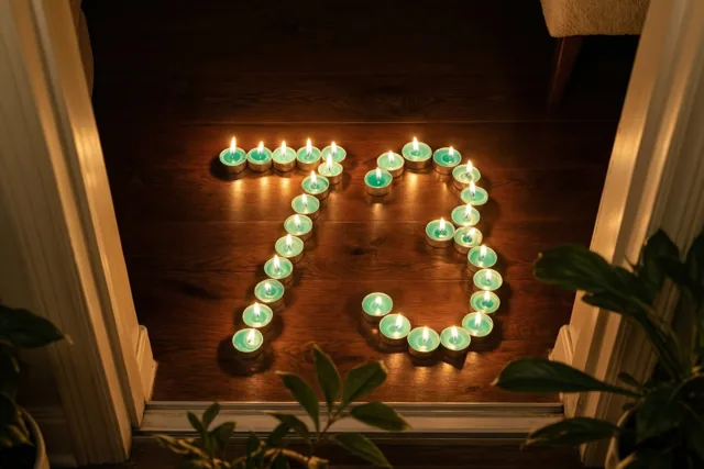 Door een witte deuropening zijn brandende groene theelichtjes te zien die 73 vormen op een donkere houten vloer.