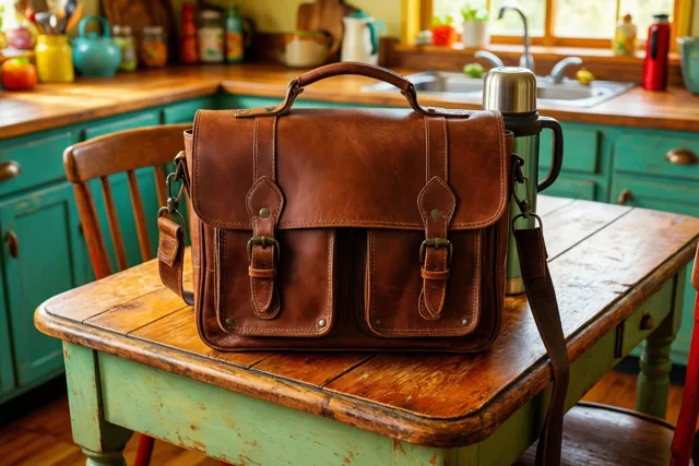 Een bruine leren schoudertas en een groene thermosfles staan op een verweerde houten tafel in een warm verlichte retrokeuken met blauwgroene kasten en houten werkbladen.
