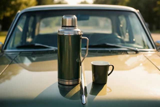 Een groene retrothermos en een bijpassend klein kopje staan op de motorkap van een oude auto in warm zonlicht, met een onscherpe natuurlijke achtergrond.