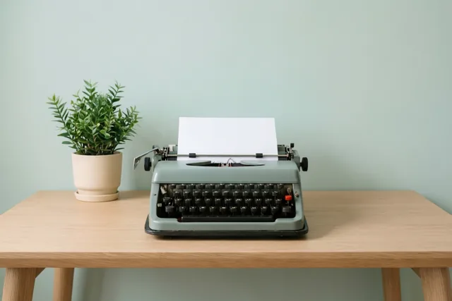 Een groene retrotypemachine met een blanco vel papier staat op een licht houten bureau naast een groene plant in een beige pot, tegen een bleekmintgroene muur.