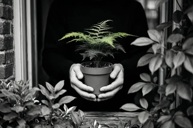 Handen houden een kleine varen in een pot voor een raam tussen andere planten, waarbij alleen de groene varen kleur heeft in het verder zwart-witte beeld.