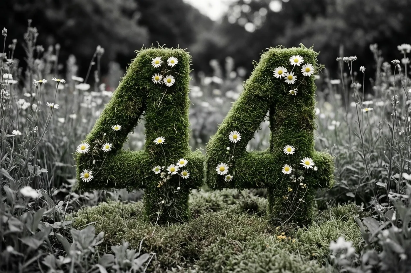 Twee grote met mos bedekte vieren met witte madeliefjes staan in een landelijke tuin, waarbij het felle groen afsteekt tegen een vrijwel kleurloze achtergrond.