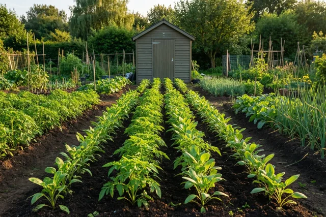 Felgroene zaailingen groeien in rechte rijen in bruine aarde in een volkstuin, met een houten schuurtje, bomen en tuinplanten onder een heldere hemel.