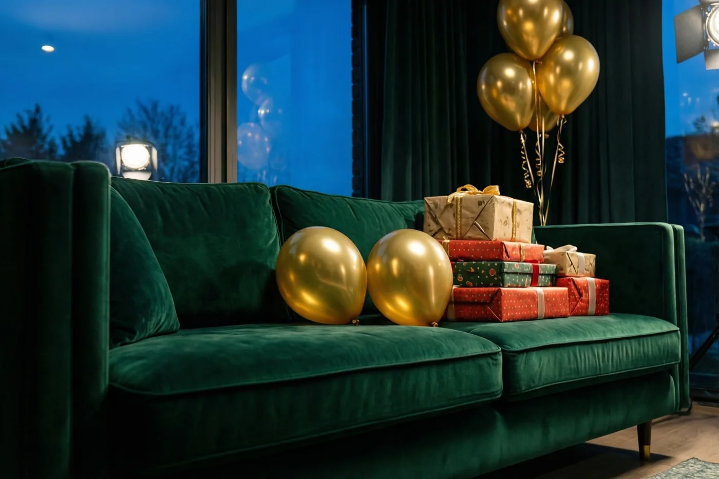 Een diepgroene fluwelen zetel is versierd met gouden ballonnen en een stapel ingepakte cadeaus, met door het raam een blauwe nachtelijke hemel en straatlichten.