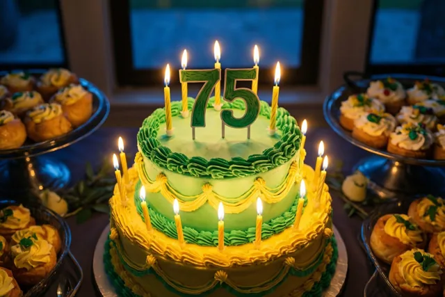 Een groen-gele taart met twee verdiepingen, brandende kaarsjes en een grote groene 75 staat op een buffet met gebak op schalen erachter.