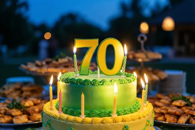 Een taart met twee verdiepingen, groen en geel glazuur, brandende kaarsjes en een grote 70 staat bij schemering op een buffet met schalen eten en warme lichtjes erachter.