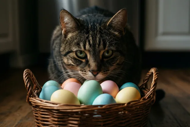 Een gestreepte kat met groene ogen kijkt aandachtig over een rieten mand vol paaseieren in pastelkleuren op een houten keukenvloer, in warm licht met zachte schaduwen.