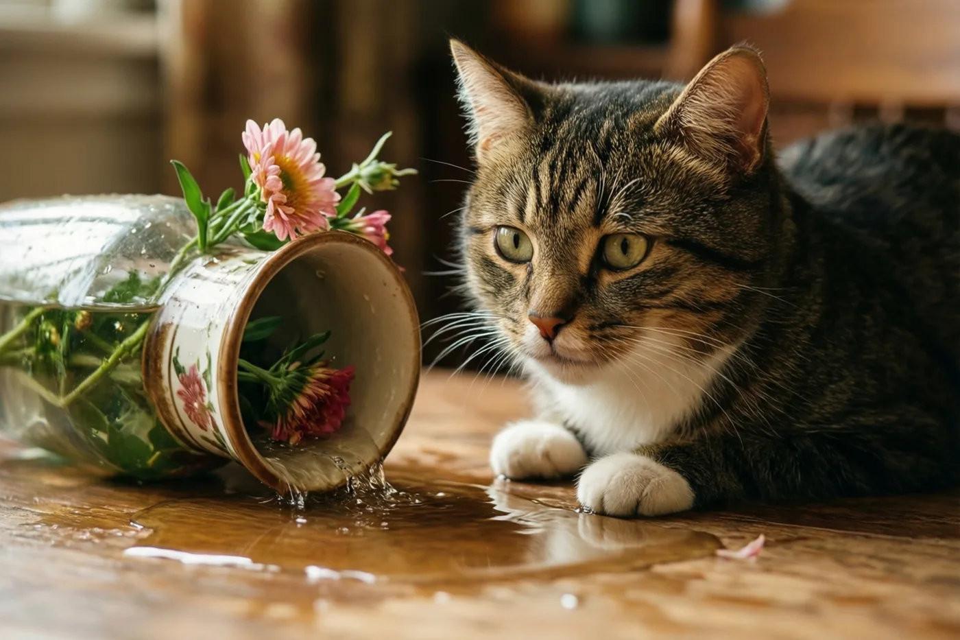 Een tijgerkat met groene ogen ligt op een houten tafel en kijkt naar een omgevallen glazen vaas met roze bloemen waar water uit loopt, in warm licht.
