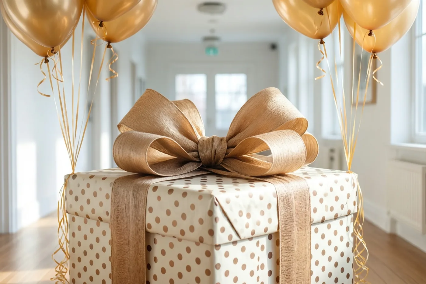Een grote cadeaudoos in crèmekleurig stippenpapier met een enorme gouden strik staat in een lichte gang, met gouden ballonnen aan de hoeken.