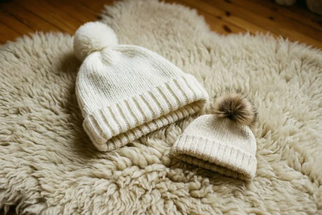 Een gebreide muts voor een volwassene en een kleine muts, allebei met een pompon, liggen op een pluizige schapenvacht in beige en crèmetinten.