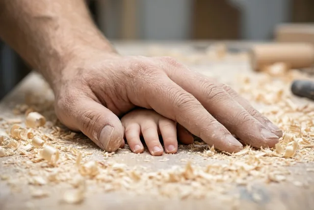 Een volwassen hand en een kinderhand liggen naast elkaar op een houten werkbank met houtkrullen in warm licht.