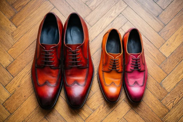 Twee paar gepoetste leren schoenen met gaatjesversiering, een groter en een kleiner paar, staan naast elkaar op een houten visgraatvloer in rode en oranje tinten.