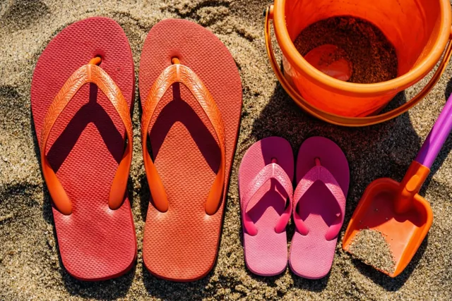 Een groot paar roodoranje teenslippers en een kleiner roze paar liggen op zand naast een oranje emmer en een oranje schopje met een paars handvat in fel licht.