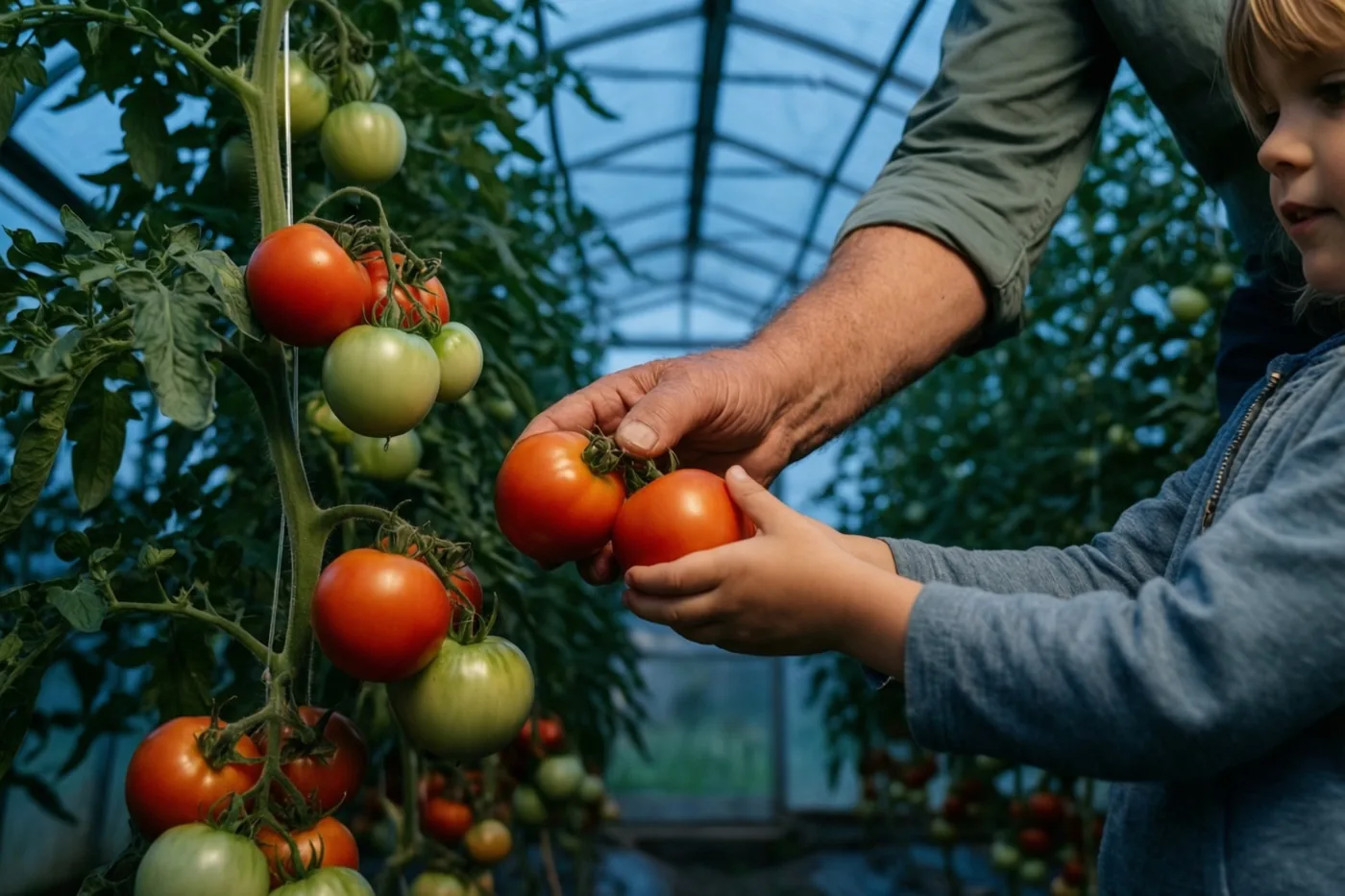 Een volwassen hand en een kinderhand houden voorzichtig rijpe rode tomaten aan een plant vast in een serre met natuurlijk licht.