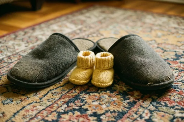 Versleten grijze pantoffels en kleine lichtgele gebreide babyslofjes staan naast elkaar op een tapijt met een patroon, in warm licht.