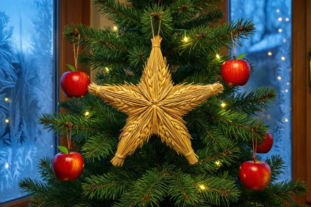 Een kerstboom met een grote stroster en kleine rode appels staat naast een berijpt raam met lichtslingers.