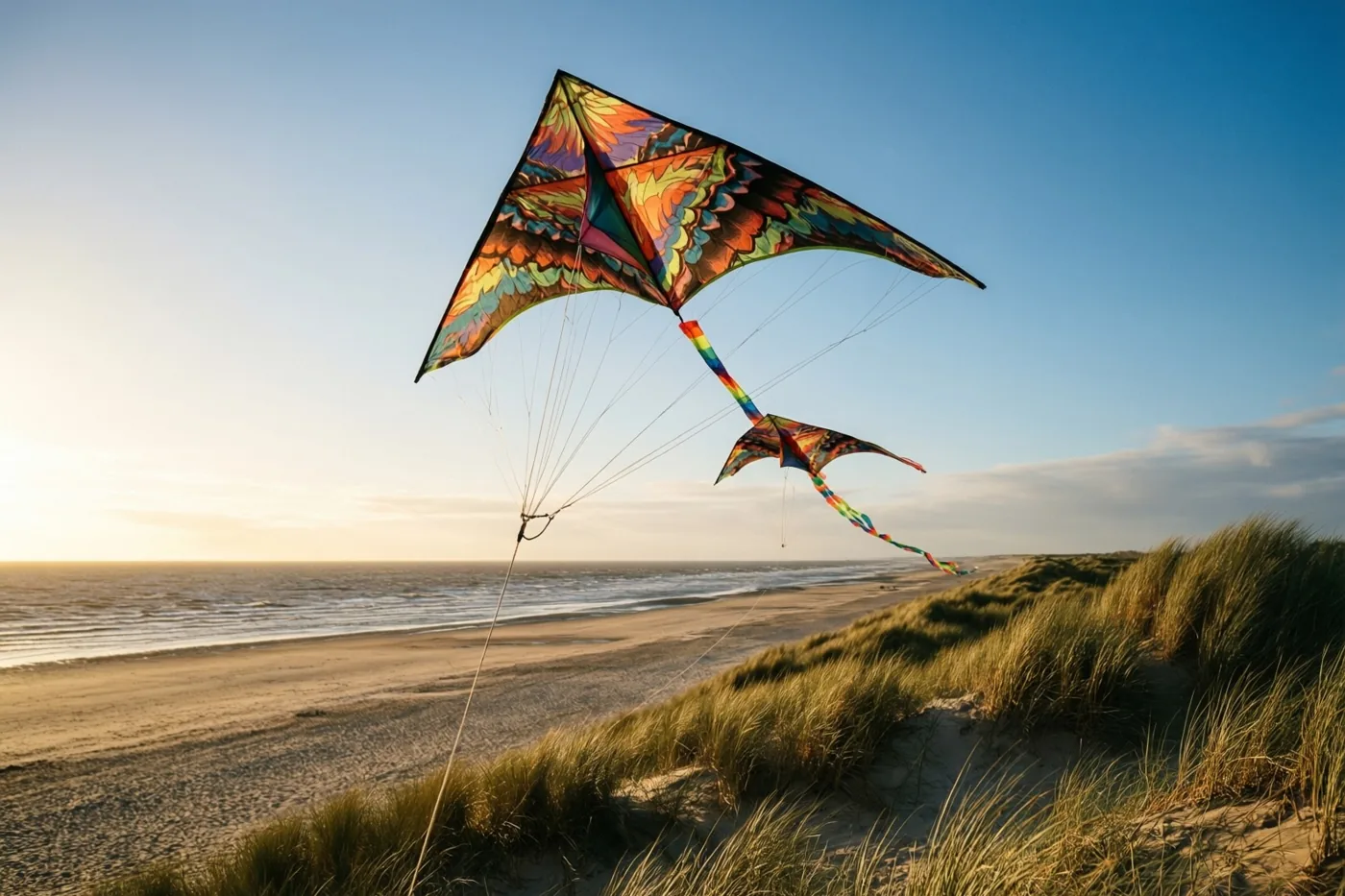 Een grote kleurrijke vlieger met een kleinere eraan vliegt aan een lijn boven een zandstrand met duinen en zee, in het gouden licht van een laagstaande zon.