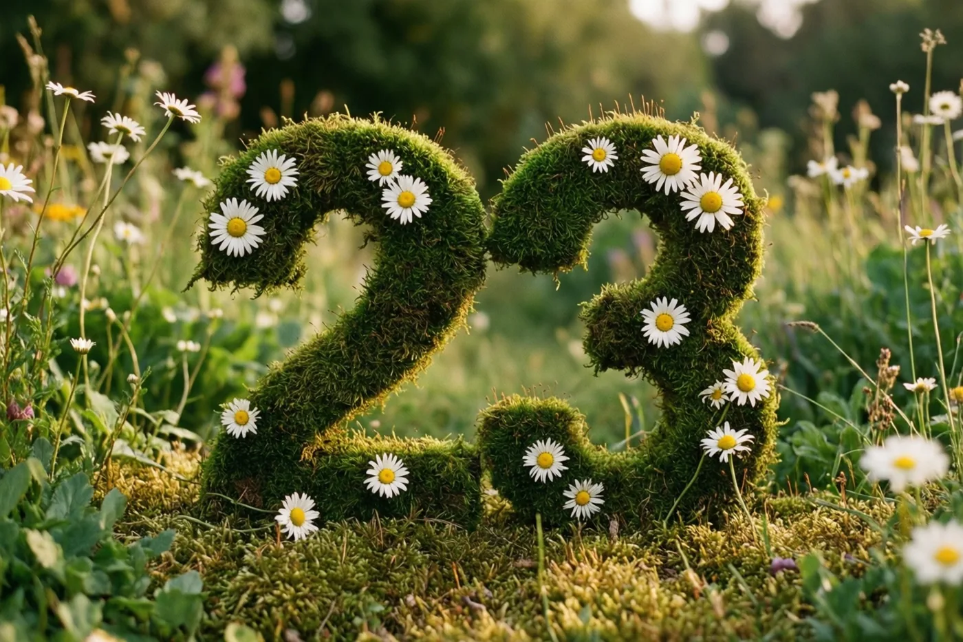 Een mosgroene haag vormt 23 met witte madeliefjes in een landelijk aandoende tuin, met onscherp groen en wilde bloemen op de achtergrond.