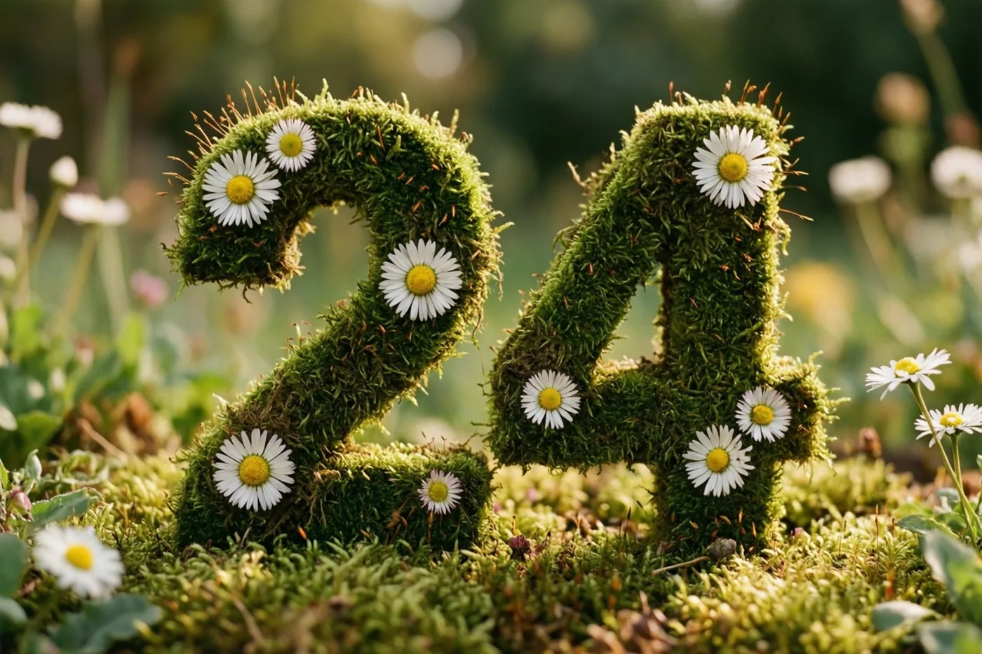 Een mosgroene haag vormt 24 en is versierd met witte madeliefjes in een landelijke tuin met een onscherpe natuurlijke achtergrond.