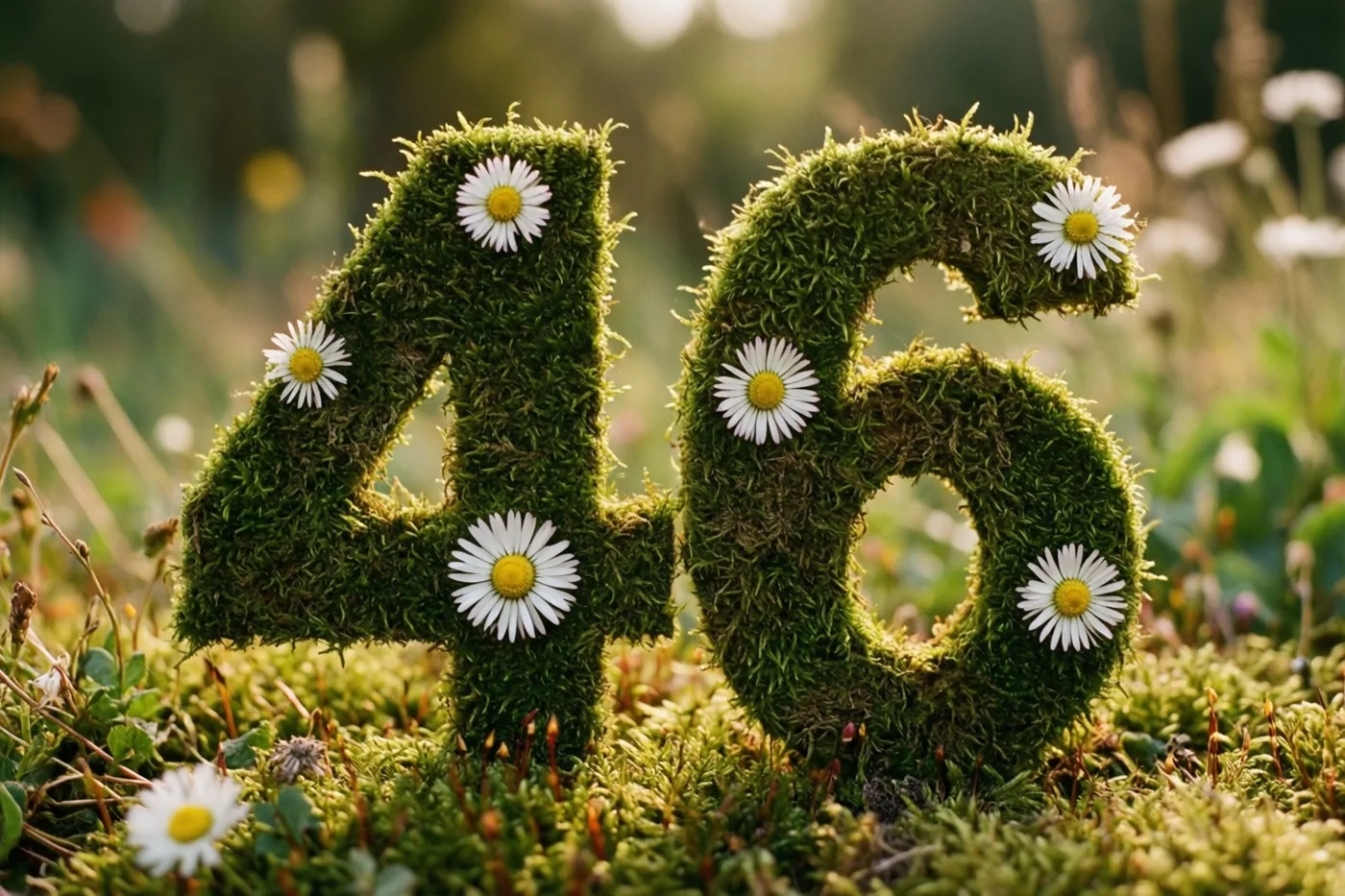 Een groene, mossige haag vormt het getal 46 en is versierd met witte madeliefjes in een landelijke tuin met een onscherpe natuurlijke achtergrond.