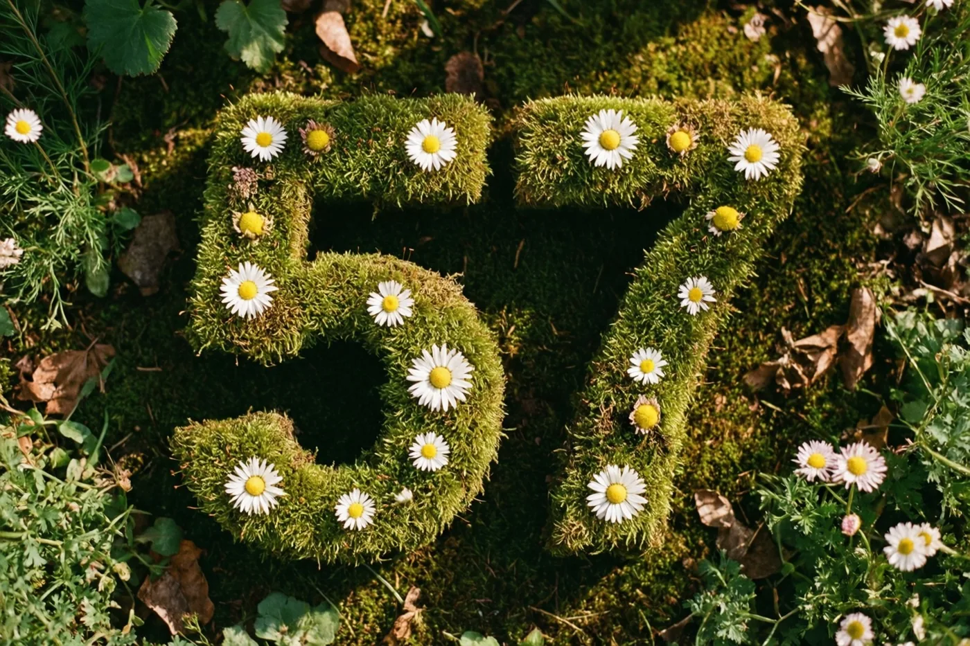 Het getal 57 is gevormd uit een mossige groene haag met witte madeliefjes in een landelijke tuin met groen en afgevallen bladeren.